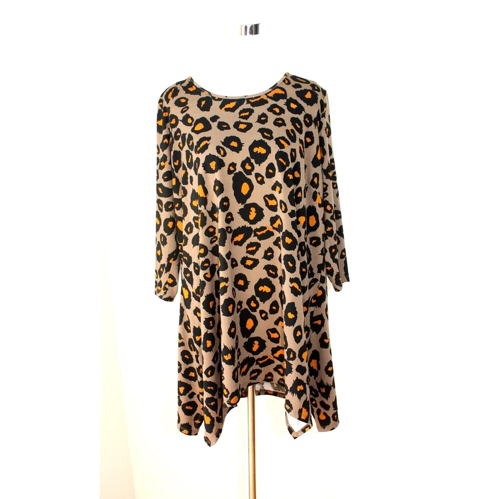 EVANS Casual Tunic Top 3/4 Sl. Black Beige Orange Animal Print Shaped Hem 16 #03